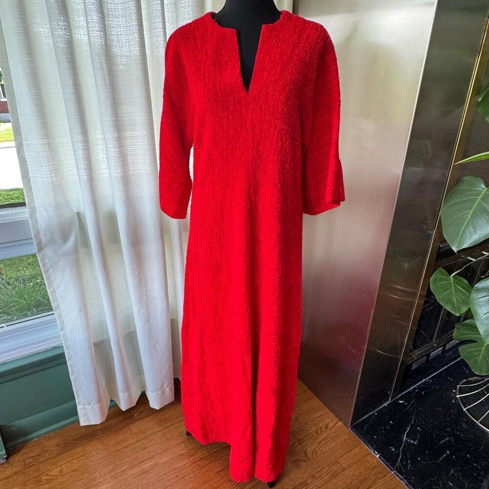 Vintage 70s maxi dress, red kaftan robe, wide flared sleeves, wool blend
